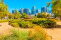 The Waterfront Park sits in front of beautiful modern buildings in San Diego, California Royalty Free Stock Photo