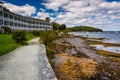 Waterfront path and hotel in Bar Harbor, Maine. Royalty Free Stock Photo