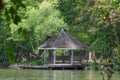 Waterfront pavilion on lake with tree forest background Royalty Free Stock Photo
