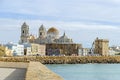 Waterfront promenade Avenida Campo del Sur and the Cadiz Cathedral in Cadiz, Spain