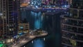 Waterfront promenade in Dubai Marina aerial night to day timelapse. Dubai, United Arab Emirates Royalty Free Stock Photo