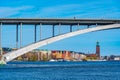 Waterfront of Stockholm with town hall at its end viewed through Vasterbron bridge, Sweden