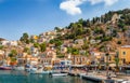 The waterfront of Symi, in Dodecanese, Greece.