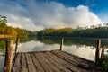 Waterfront and water reflection of green forest and sky Royalty Free Stock Photo