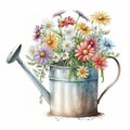 Watering Can with Beautiful Daisy Flowers Watercolor, Isolated on White Background - Generative AI