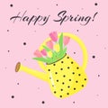 Watering can with bouquet of tulips. Happy spring text. Royalty Free Stock Photo