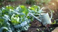 Watering can and cabbage in the vegetable garden, Generative AI illustrations Royalty Free Stock Photo