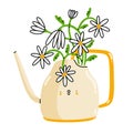 Watering can cartoon character with chamomile flowers