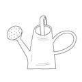 Watering can doodle illustration, isolated line art of metal watering pot for watering flowers, vector linear icon. Hand Royalty Free Stock Photo