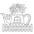 Watering can Fairy house . Cute contour house black and white vector coloring book for adults and children.