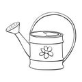 Watering can with flower in hand drawn doodle style isolated on white background. Vector outline illustration. Tools for working Royalty Free Stock Photo
