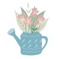 Watering can for flowers. bouquet in vase. Gardening can with leaves and flowers. gardening set. flat vector doodle illustration Royalty Free Stock Photo