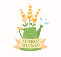 Watering can with flowers, ribbon, dragonfly and water drops, flower shop logotype vector template, logo design Royalty Free Stock Photo