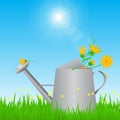 Watering can on green grass with yellow flowers on blue sky background, summer time concept Royalty Free Stock Photo