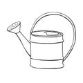 Watering can in hand drawn doodle style isolated on white background. Vector outline illustration. Tools for working on the farm, Royalty Free Stock Photo