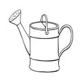 Watering can in hand drawn doodle style isolated on white background. Vector outline illustration. Tools for working on the farm, Royalty Free Stock Photo