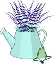 Watering can with lavender flower bouquet vector with frog