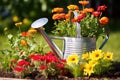 watering can near freshly planted flowers