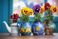 watering can next to colorful pots of pansies