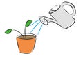 Watering-can watering plant on a table hand drawn illustration