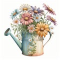 Watering Can with Beautiful Daisy Flowers Watercolor, Isolated on White Background - Generative AI