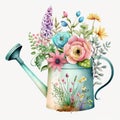 Watering Can with Beautiful Sping Flowers Watercolor, Isolated on White Background - Generative AI