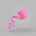 Watering can pouring pastel pink hearts. Valentines Day concept. Creative greeting card design idea