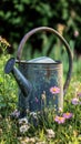 watering can resting near wildflower patch. Royalty Free Stock Photo
