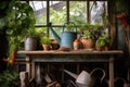 watering can sitting on a potting bench