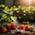 Watering can is spraying water over some red strawberries. The scene captures moment when water from watering can falls