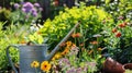 Watering Can Among Flowers in Garden Royalty Free Stock Photo
