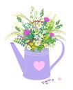 Watering Can with Wild Flowers Bouquet Royalty Free Stock Photo