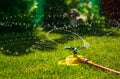 Garden watering of a spring green lawn. Sunny garden Royalty Free Stock Photo