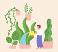 Watering home garden. Woman with water, green giant plants in pots. Gardening relax hobby, agriculture and planting