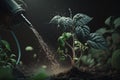 watering hose nourishes plants with a water stream Generative AI