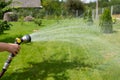 watering the lawn with a garden hose with a sprayer Royalty Free Stock Photo