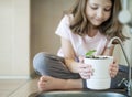 Watering pot plants in the kitchen sink pouring. Child holding young plant in hands. Caring for a new life. Earth day concept. Royalty Free Stock Photo