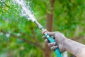 Watering the trees pumping through rubber tube. Royalty Free Stock Photo