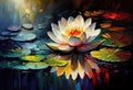 Waterlily Flower on Green Leaves Acrylic Painting Royalty Free Stock Photo