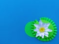Waterlily flower made of paper. Blue background. Origami hobby. Gentle petal. Copy spase Royalty Free Stock Photo