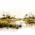 Marsh Birds: A Painterly Depiction Of Wetland In White Background