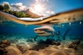 waterline with underwater view of shark swimming in a caribbean beach at sunset