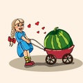 A girl rolls a large watermelon on a cart Royalty Free Stock Photo