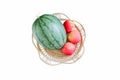 Watermelon and apples in a basket on isolated white background Royalty Free Stock Photo