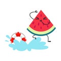 Watermelon as Summer Fruit Character Splashing in Water with Rubber Ring Enjoying Vacation and Having Fun Vector Royalty Free Stock Photo