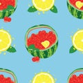 Watermelon basket with lemon and mint on blue background. seamless repeat pattern. Royalty Free Stock Photo