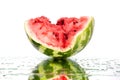 Watermelon half piece with cracks and water drops on white mirror background with reflection isolated close up