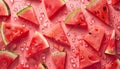 Watermelon blissbackground. Luscious pink slices drizzled with melted ice cubes . A burst of summer flavor for any occasion.