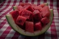 Watermelon bowl is made up of chopped and diced pieces