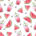 Watermelon bubble tea seamless pattern. Vector background with fruit boba drink Royalty Free Stock Photo